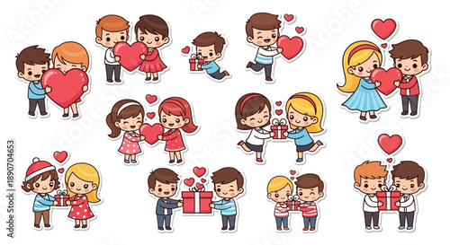 A charming collection of cute cartoon couples celebrating love, sharing hearts and gifts, perfect for Valentine's Day illustrations and romantic themes.