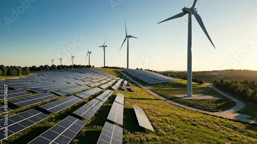 Solar Panels and Wind Turbines Generating Clean Energy on a Hillside at Sunset.