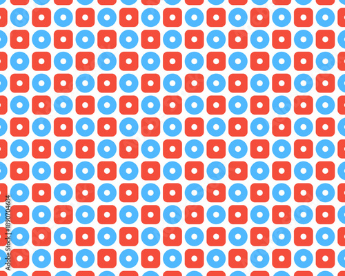 日本の伝統的な鹿の子絞り風パターン背景素材。赤と青のモダンなドット幾何学模様。お正月、お祝い、和風モダンなデザインやバナー、ギフトラッピングに最適なシームレスなバックグラウンドイラスト。