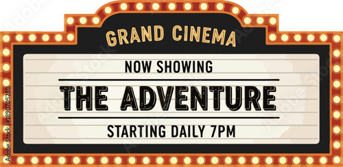 Vintage cinema marquee sign displaying movie advertisement at night with bright lights and ornate decorations