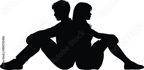 Couple sitting back-to-back in silhouette, emotional distance, black and white illustration, relationship tension, love concept, separation artwork
