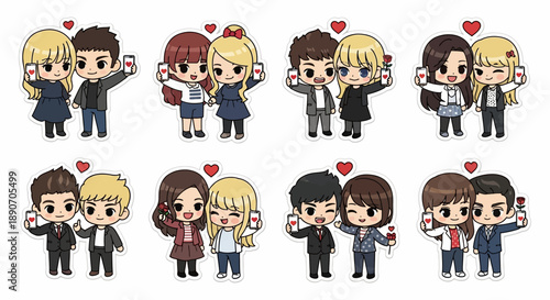 Eight cartoon couples taking selfies with smartphones, adorned with small red hearts, showcasing cute and romantic illustrations.