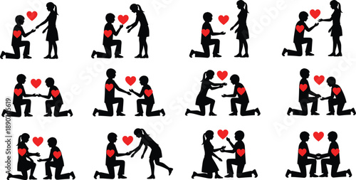 Couples exchanging red heart symbols, black silhouette illustration, romantic gesture, emotional connection, love concept, relationship artwork, symbolic interaction