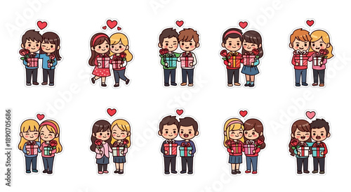 Collection of diverse cartoon couples celebrating love and exchanging gifts with hearts above their heads.