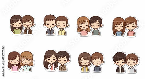 Collection of cute cartoon couples and friends smiling, depicted in various poses and outfits, on a white background.