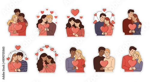 A collection of diverse cartoon couples embracing and holding red hearts, celebrating love and relationships in various romantic illustrations.