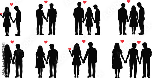 Couples with heart and rose symbols, romantic silhouette illustration, black and white love concept, emotional connection, relationship artwork