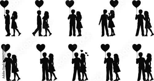 Couples holding heart-shaped balloons in silhouette, black and white romantic illustration, emotional connection, love gesture, relationship concept artwork