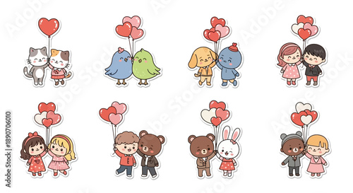 Cute cartoon couples with heart balloons, celebrating love and friendship in a kawaii style with various animal and human characters.