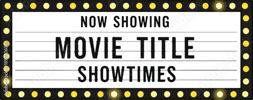 Classic cinema marquee sign displaying movie title and showtimes at a bustling theater entrance