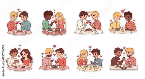 Diverse couples enjoying romantic dinner dates, toasting with drinks and celebrating love in various pairings, cartoon illustration.