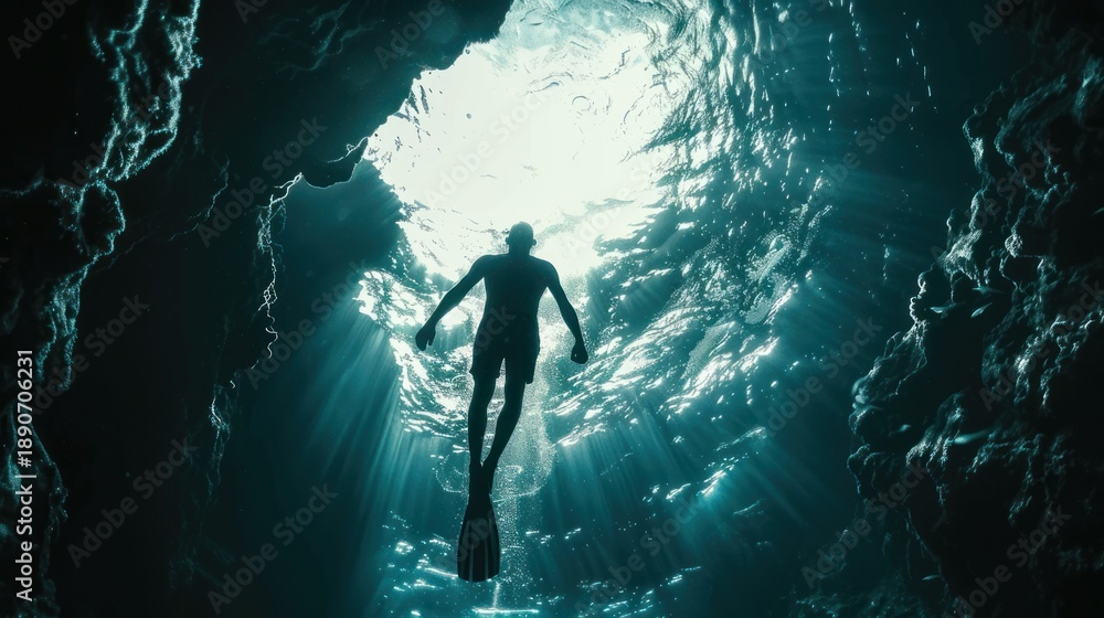 Fototapeta premium Diver ascends into sunlit cave, seen from below, water refracting light
