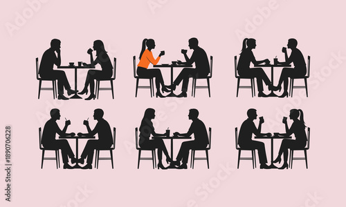 Silhouettes of seated pairs at tables, black and white illustration, social interaction, standout figure, emotional connection, relationship concept