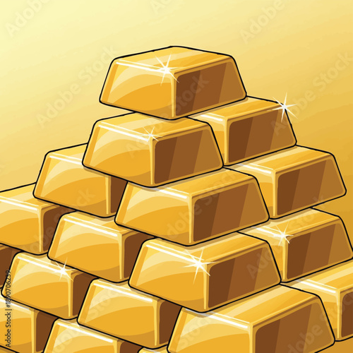 Pyramid Stack of Shiny Gold Bars Illustration. Concept of wealth, finance, investment, and jackpot success.