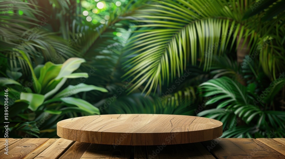 Fototapeta premium Wooden platform in foreground, lush green foliage background. Ideal for product display