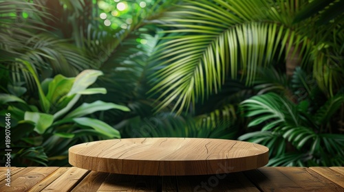 Wooden platform in foreground, lush green foliage background. Ideal for product display