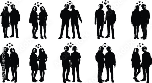 Silhouettes of paired figures with abstract symbols, black and white grid illustration, emotional connection, visual puzzle, relationship concept