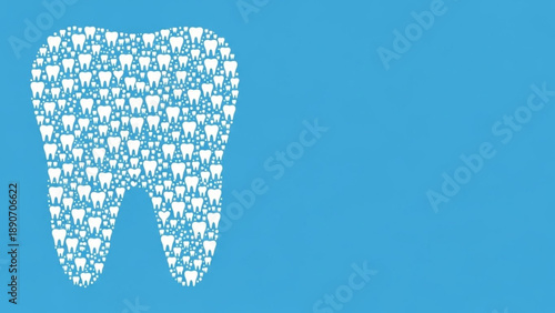 International Oral Health Day Creative Dental Health Banner with a Large Tooth Formed by a Mosaic of Smaller Teeth on a Light Blue Background, Symbolizing Comprehensive Oral Care and Wellness