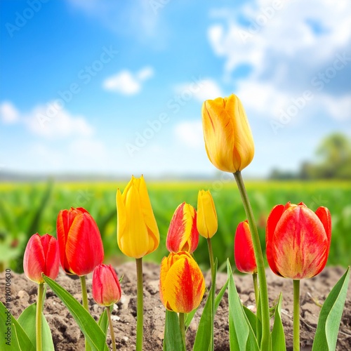 Vibrant tulips in full bloom against a bright blue sky and green field, a beautiful spring scene.