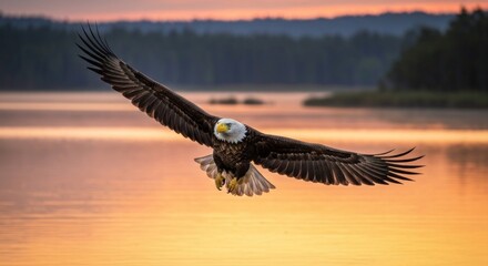 Majestic bald eagle soaring above a tranquil lake at sunrise