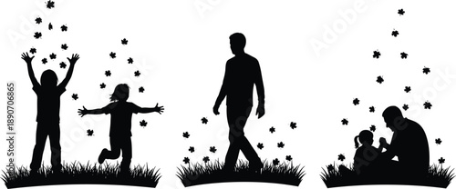 Family moments silhouette set, children playing, father walking, parent and child bonding, autumn leaves, black vector illustration, isolated white background