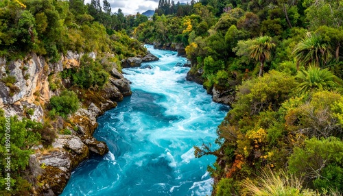 Vibrant turquoise river flowing through lush green forest and rocky cliffs under a cloudy sky.