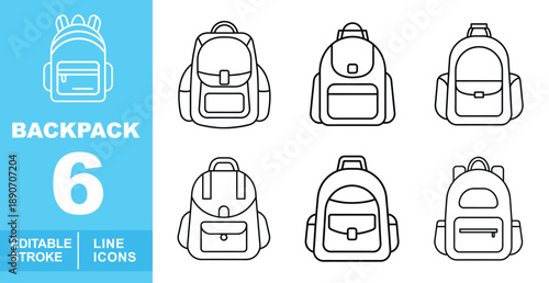 Comprehensive minimalist backpack line icon set. Editable stroke icons for e-commerce, school supplies, and modern lifestyle branding. Featuring six different sleek rucksack designs, including simple