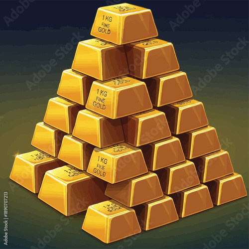 Massive Gold Bar Pyramid Stack Illustration (1 KG Fine Gold). Finance, Wealth Investment, Savings, and Prosperity Concept Graphic.