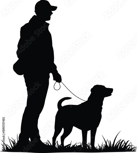Man walking dog silhouette, pet owner outdoors, animal companionship, black vector illustration, nature scene, isolated white background for stock