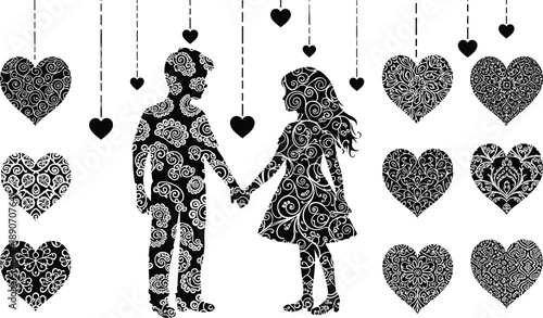 Romantic couple silhouette with floral patterns, ornate hearts, black and white love illustration, decorative valentine design, artistic wedding concept