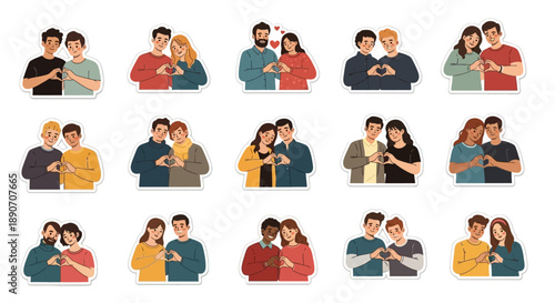 A collection of diverse cartoon couples making heart shapes with their hands, symbolizing love, partnership, and inclusivity.