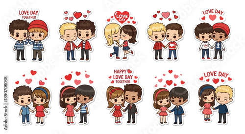 Cute cartoon couples celebrating love and togetherness, featuring diverse relationships with hearts and romantic themes.