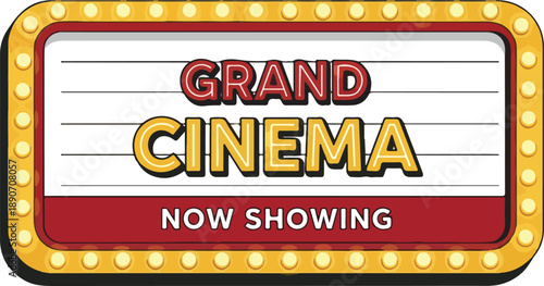 Vintage Cinema Signboard with Marquee Lights and Grand Cinema Signage at Nighttime Entertainment Venue