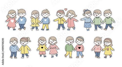 Cute cartoon illustration of ten pairs of diverse children, boys and girls, holding hands and walking together in a friendly and joyful manner.