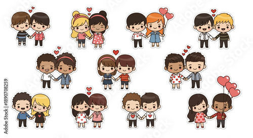 Cute cartoon couples holding hands with hearts, depicting diverse relationships and expressions of love and affection.