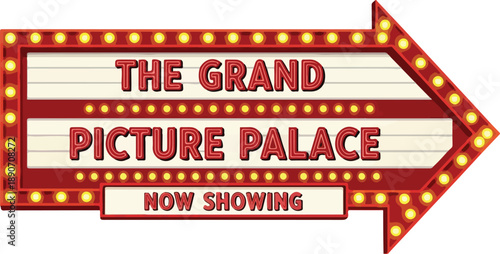 Vintage cinema signboard with bright lights and bold letters indicating a movie theater from a bygone era