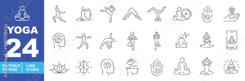 Comprehensive Yoga and Mindfulness Line Icon Set. Editable stroke icons for physical wellness, meditation, and mental health. Featuring various poses: lotus position, tree pose, warrior pose