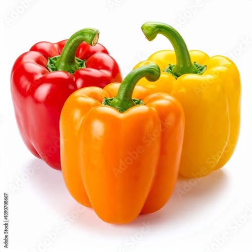 Vibrant Trio - Red, Orange, and Yellow Bell Peppers Displayed Freshly.