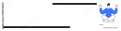 Wellness, mindfulness practices, relaxation, self-care routines, balance, peaceful mindset. Woman meditating in yoga pose with abstract black lines. Wellness and mindfulness practices concept