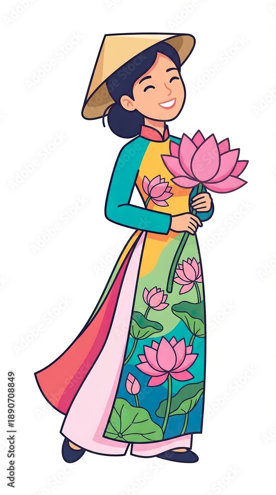 Fototapeta premium a beautiful girl in a Vietnamese traditional costume with lotuses, happy and radiant. Flat drawing in cartoon style, white background, ratio 9:16 