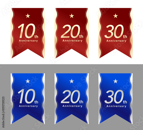 高級感のあるアニバーサリーリボン素材セット。10周年、20周年、30周年の記念ロゴと赤い金縁・青い銀縁のフラッグ。企業の創立記念、店舗の周年セール、イベントやキャンペーンの装飾に最適な高品質ベクターイラストレーション。