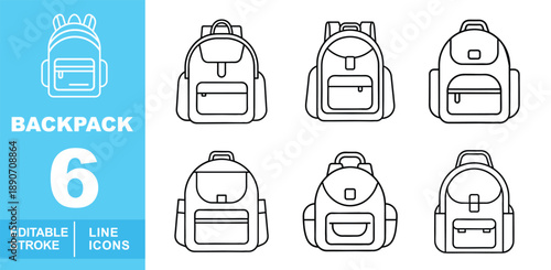 Versatile backpack line icon set. Editable stroke icons for e-commerce, student lifestyle, and travel accessories. Featuring six different casual daypack designs, school rucksacks with front pockets