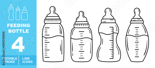 Professional baby feeding bottle line icon set. Editable stroke icons for maternity products, pediatric health, and infant nutrition. Featuring four distinct bottle designs: classic wide-neck bottle