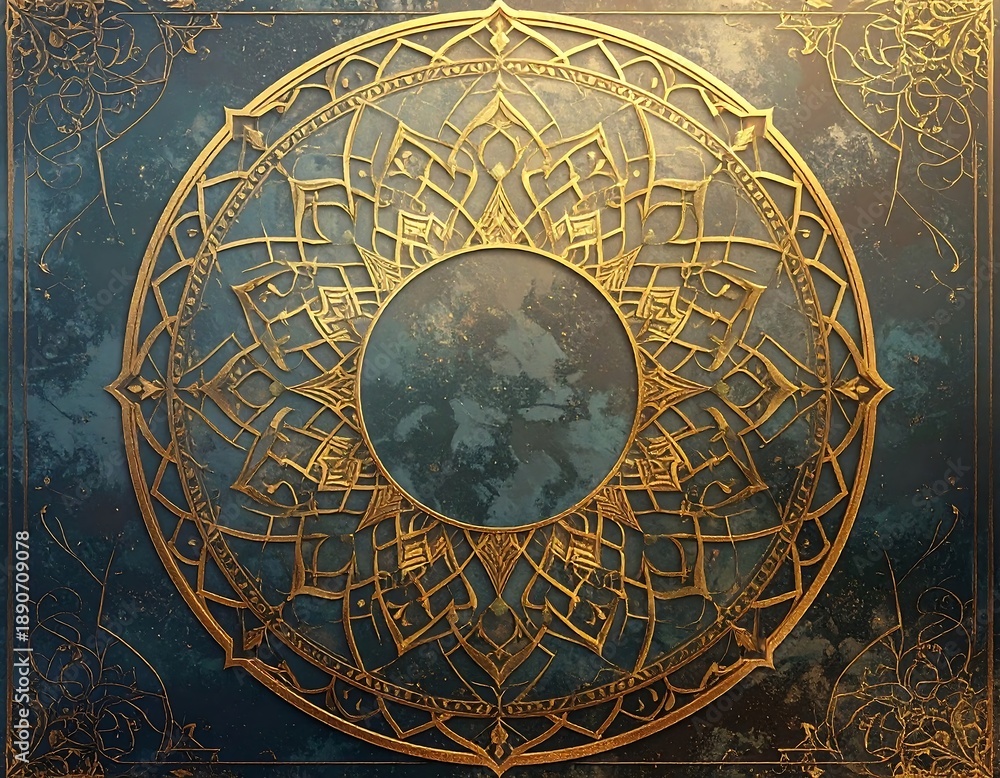 Fototapeta premium Ornate gold mandala on a teal and blue background, with a circular cutout at the center