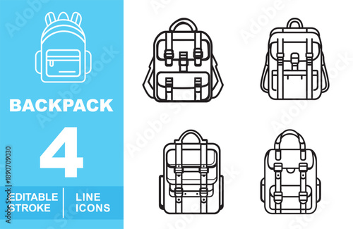 Professional backpack line icon set. Editable stroke icons for travel gear, education, and outdoor retail. Featuring various rucksack designs including classic school bags, hiking backpacks