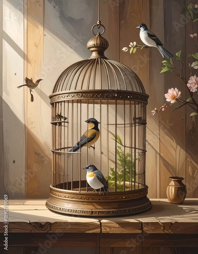 Vintage Birdcage with Birds - A Serene Still Life Composition on Wooden Surface.