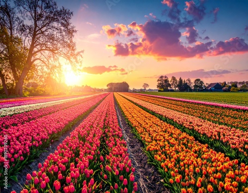 Wallpaper Mural Vibrant Tulip Fields Under a Colorful Sunset Sky - A Breathtaking Landscape. Torontodigital.ca