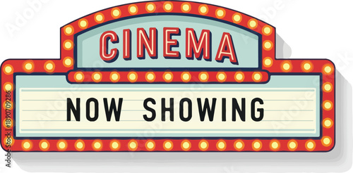 Vibrant cinema sign displaying 'Now Showing' in bright lights at a movie theater entrance
