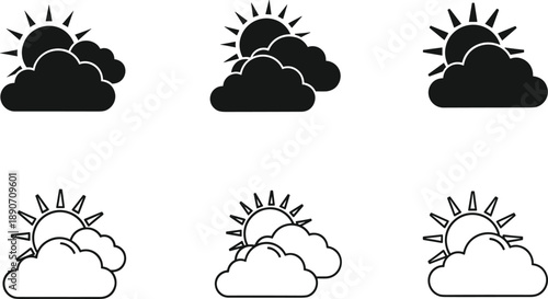 Black and white weather icons illustration set showing sun and clouds, partly cloudy conditions, minimal flat symbols for forecast apps and climate design