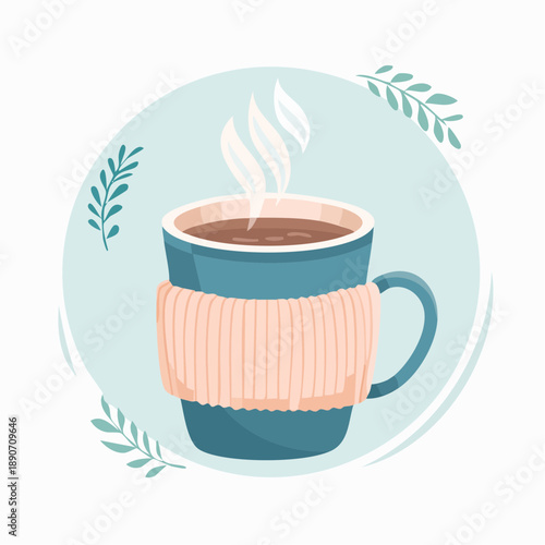 Cozy steaming mug of hot beverage with a soft knitted sleeve, perfect for a comforting winter drink. Flat vector illustration for chilly mornings and relaxation